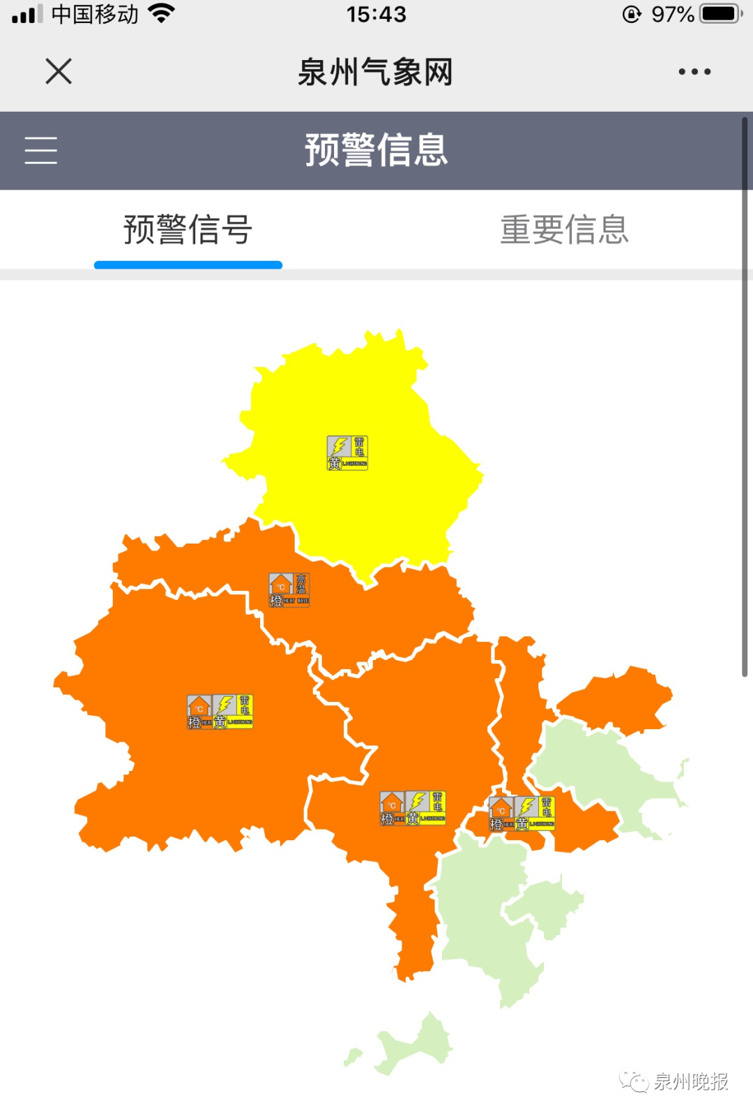 泉州市多阵雨或雷雨天气,局地可能伴随短时强降水,雷雨大风等强对流