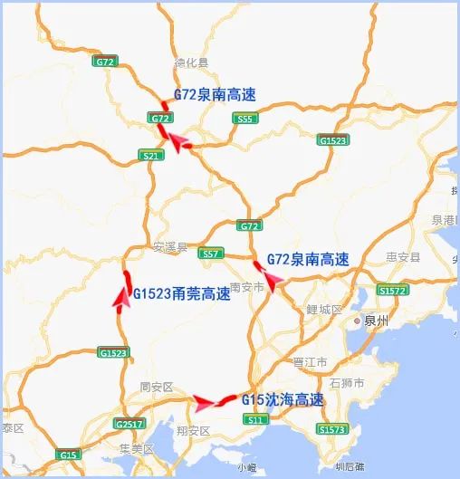 g72泉南高速,g2517沙厦高速等高速的部分路段;建议行驶到以下路段的